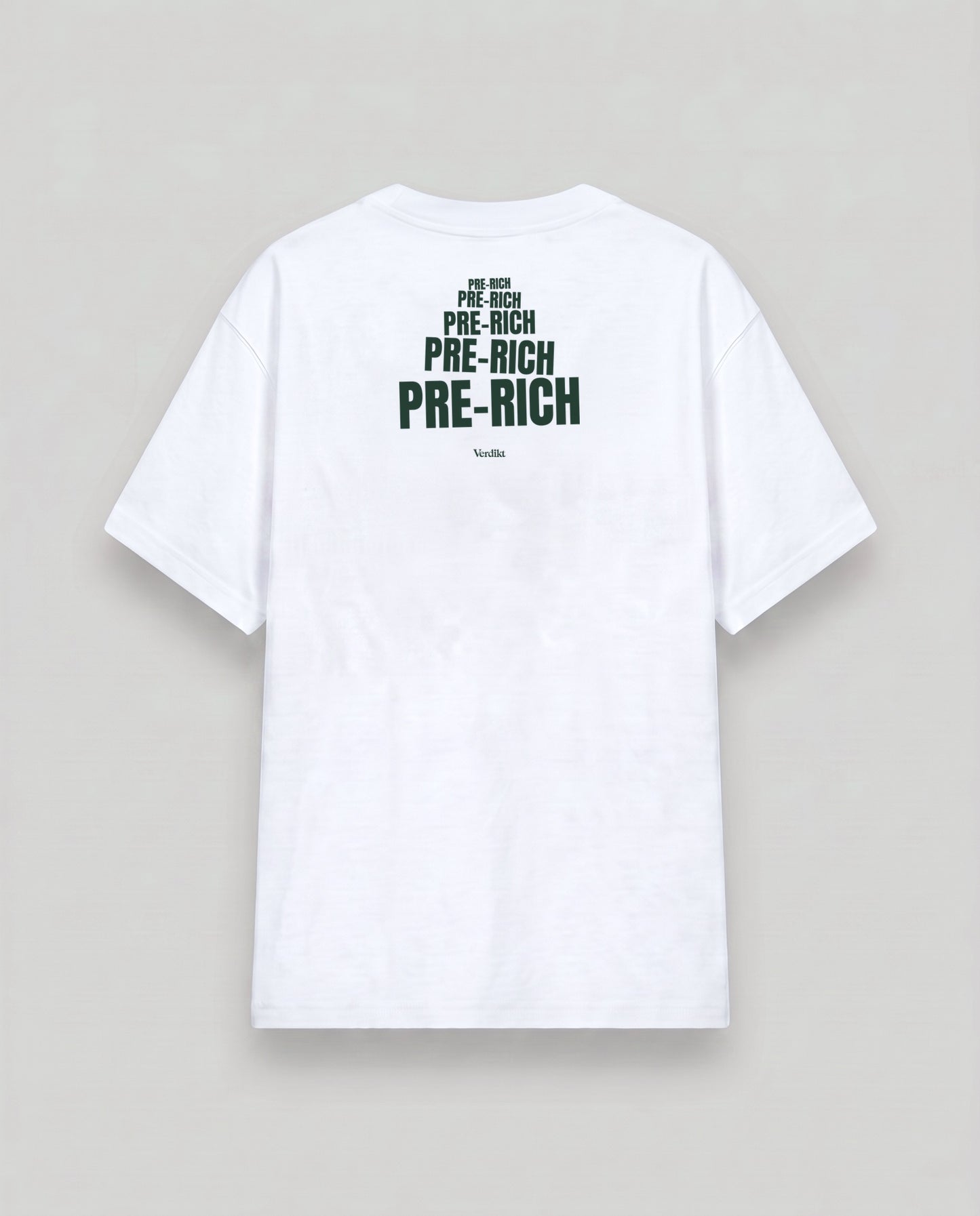 PRE-RICH repeat green print - cloud white tee, back (grey studio)