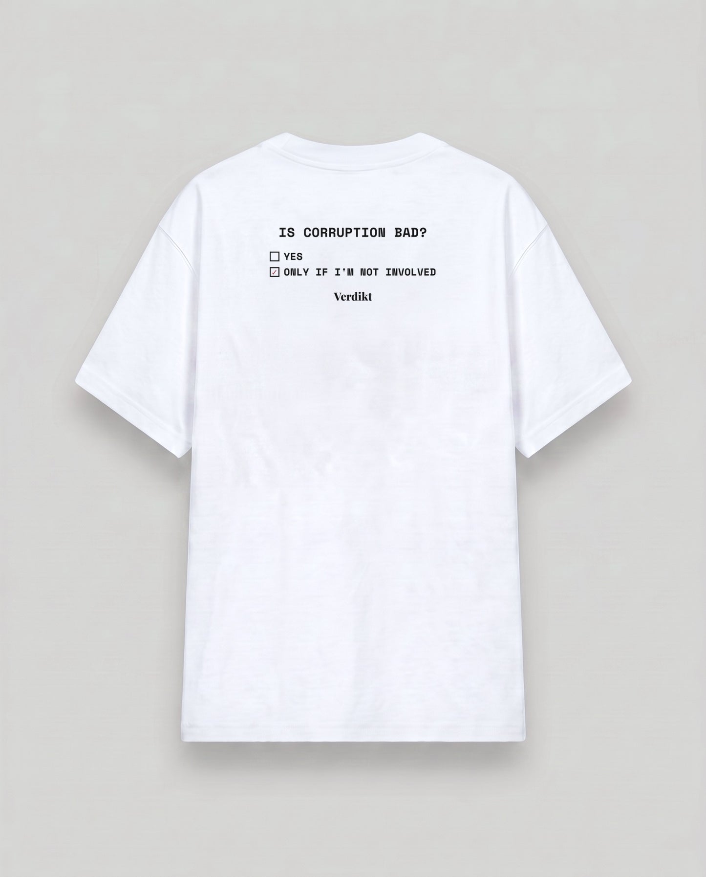 IS CORRUPTION BAD ballot print - cloud white tee, back (grey studio)