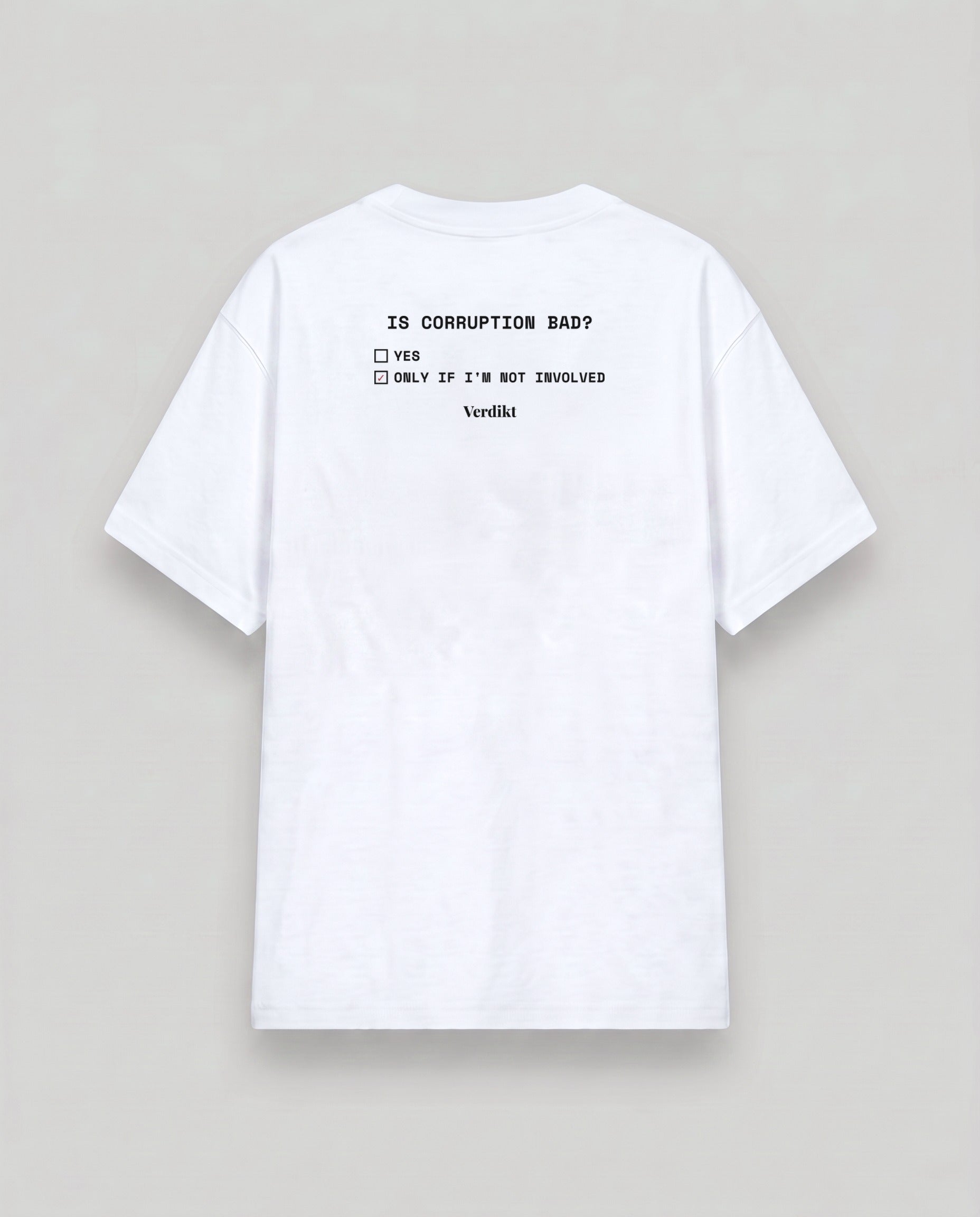 IS CORRUPTION BAD ballot print - cloud white tee, back (grey studio)