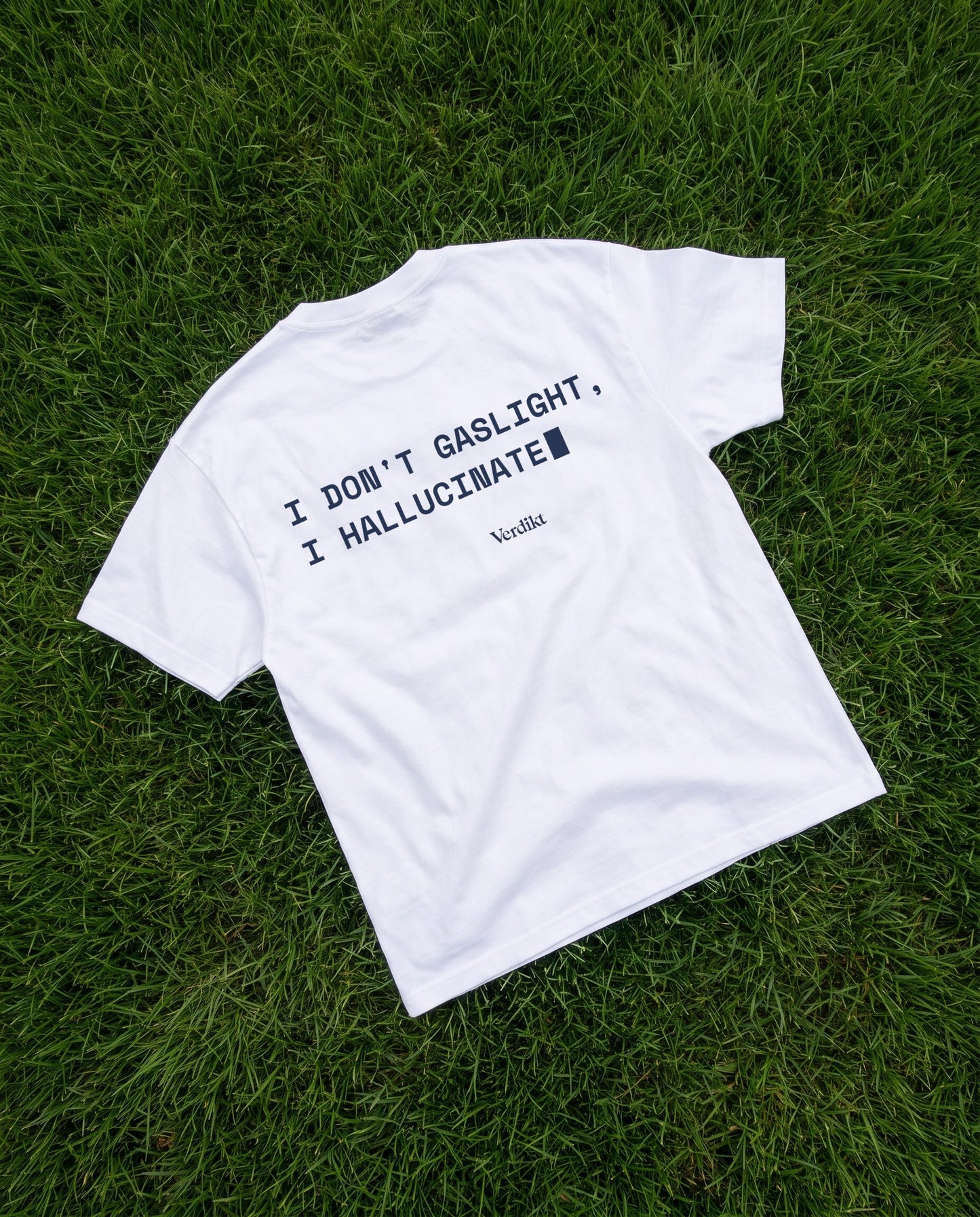 I DON'T GASLIGHT I HALLUCINATE print - tee laid on grass