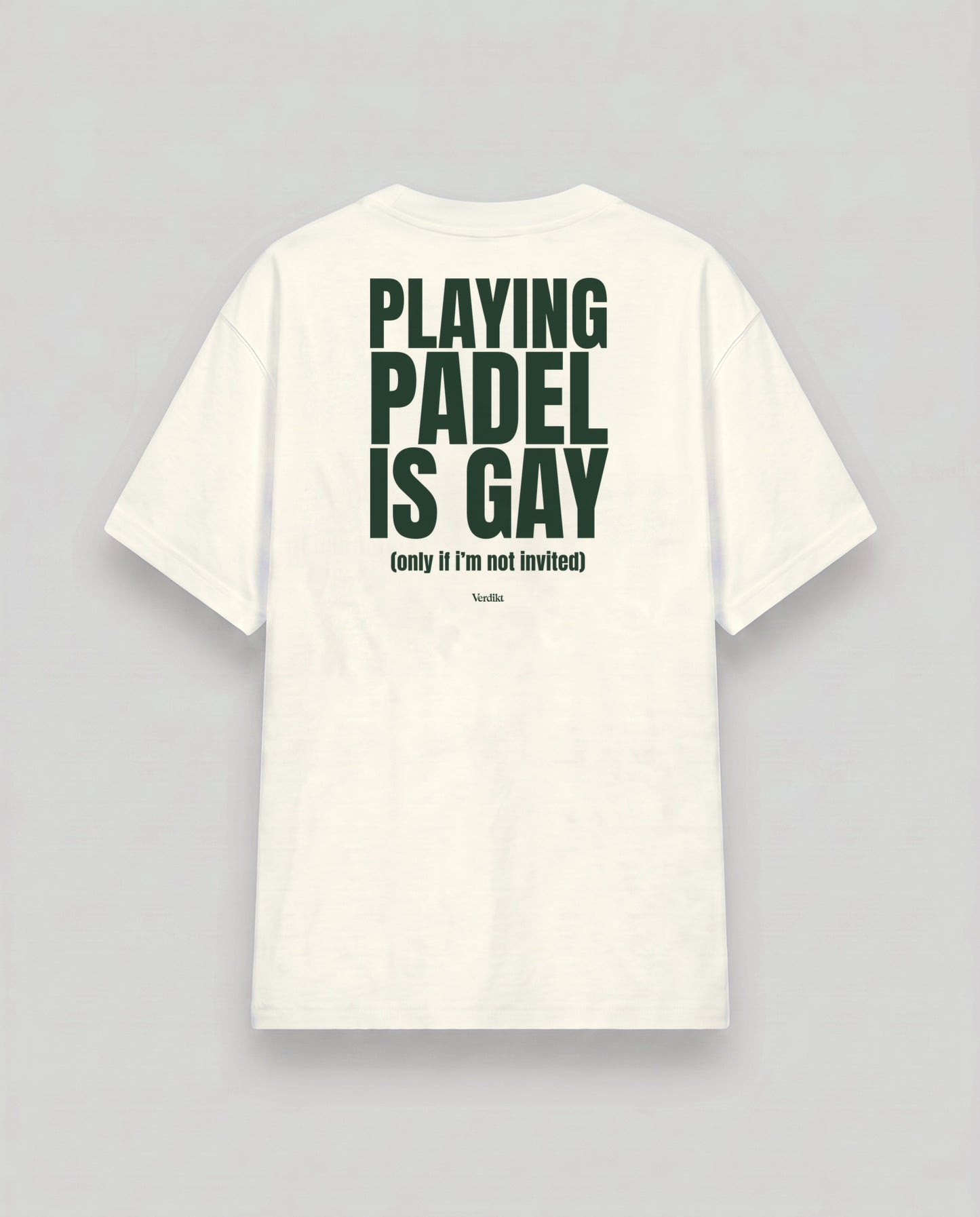 PLAYING PADEL IS GAY print - cream tee, back (grey studio)