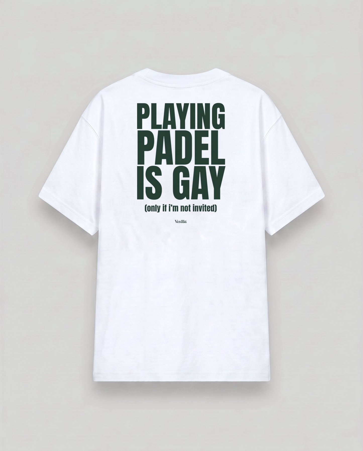 PLAYING PADEL IS GAY print - cloud white tee, back (grey studio)