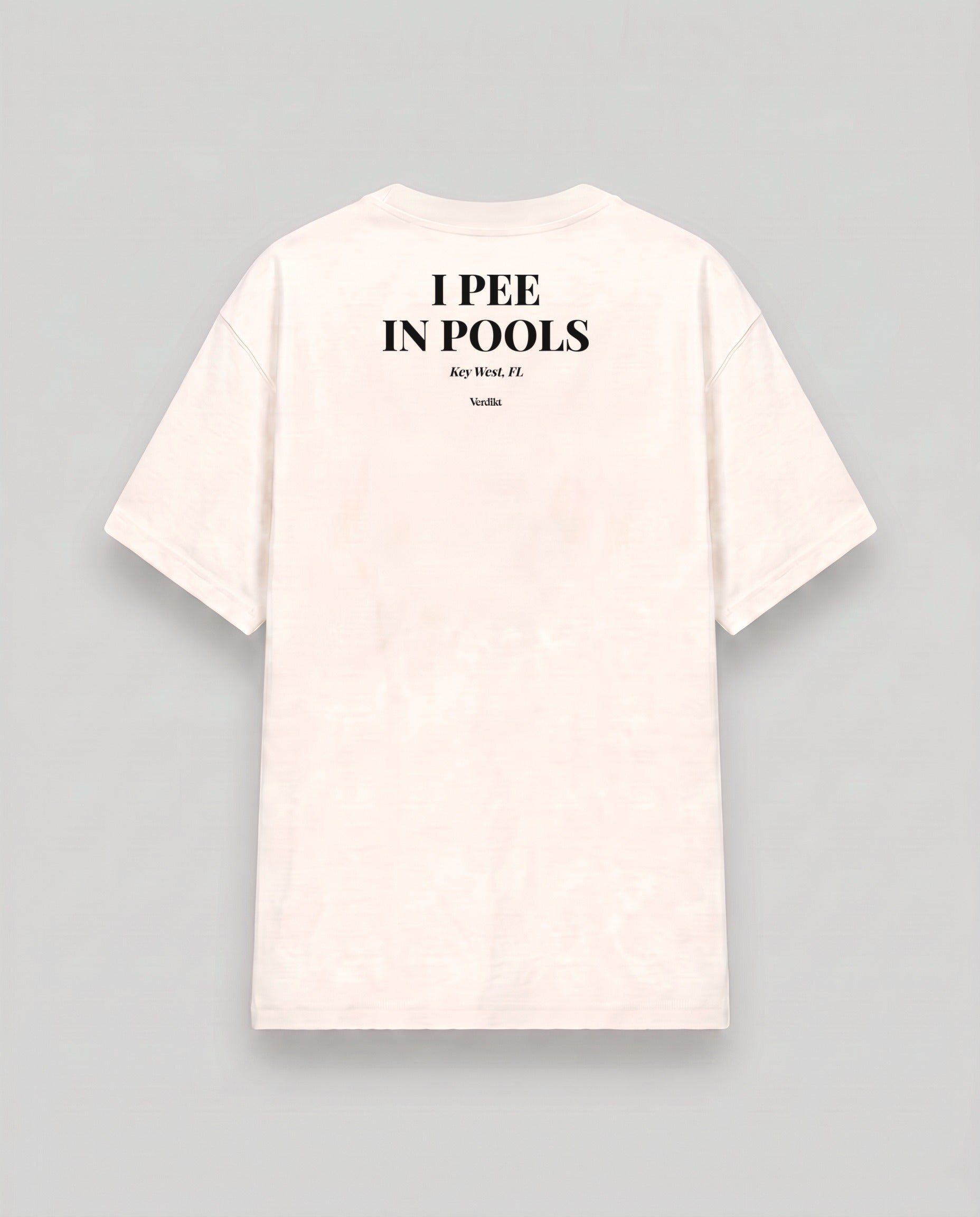 I PEE IN POOLS Key West FL print - cream tee, back (grey studio)