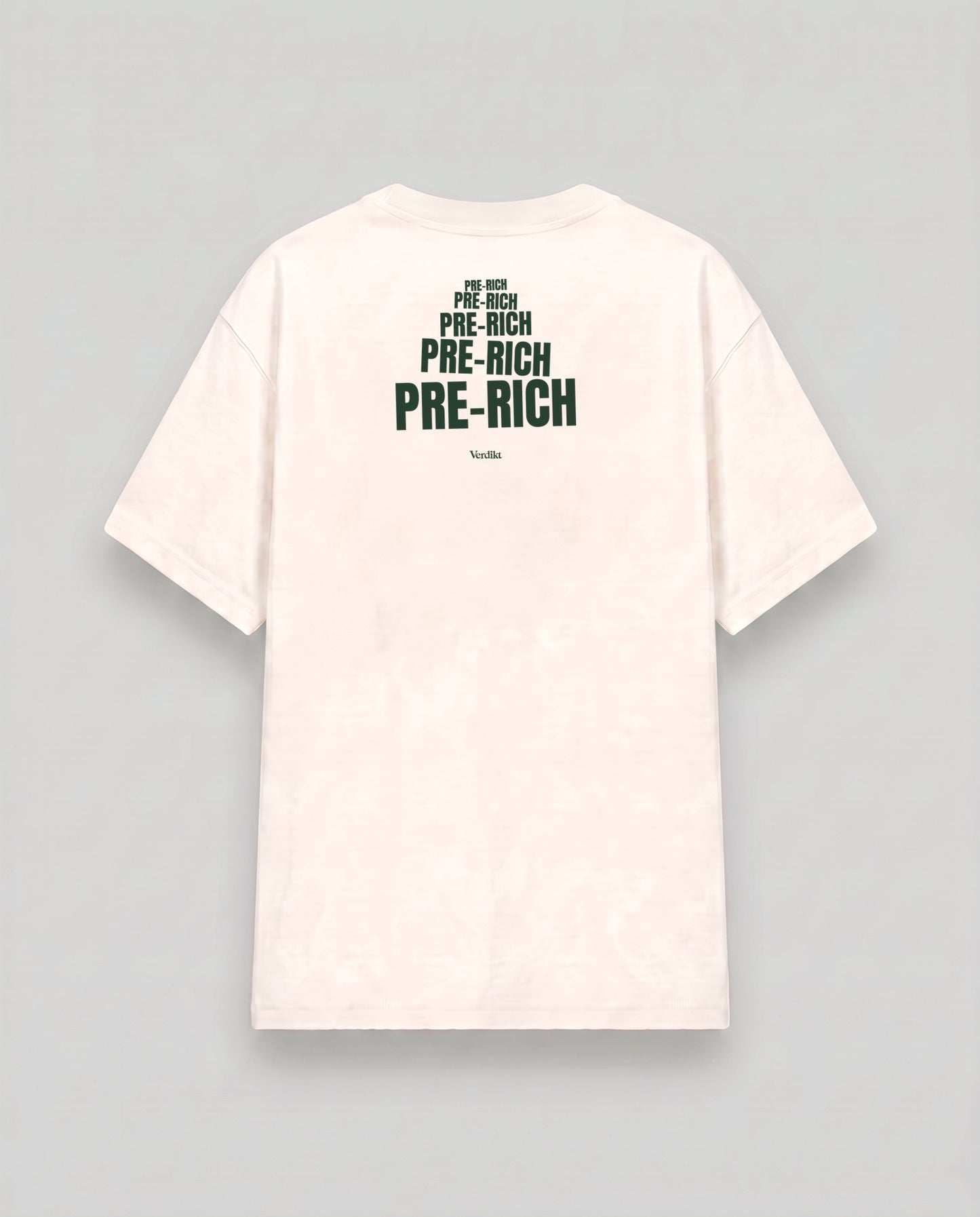 PRE-RICH repeat green print - cream tee, back (grey studio)