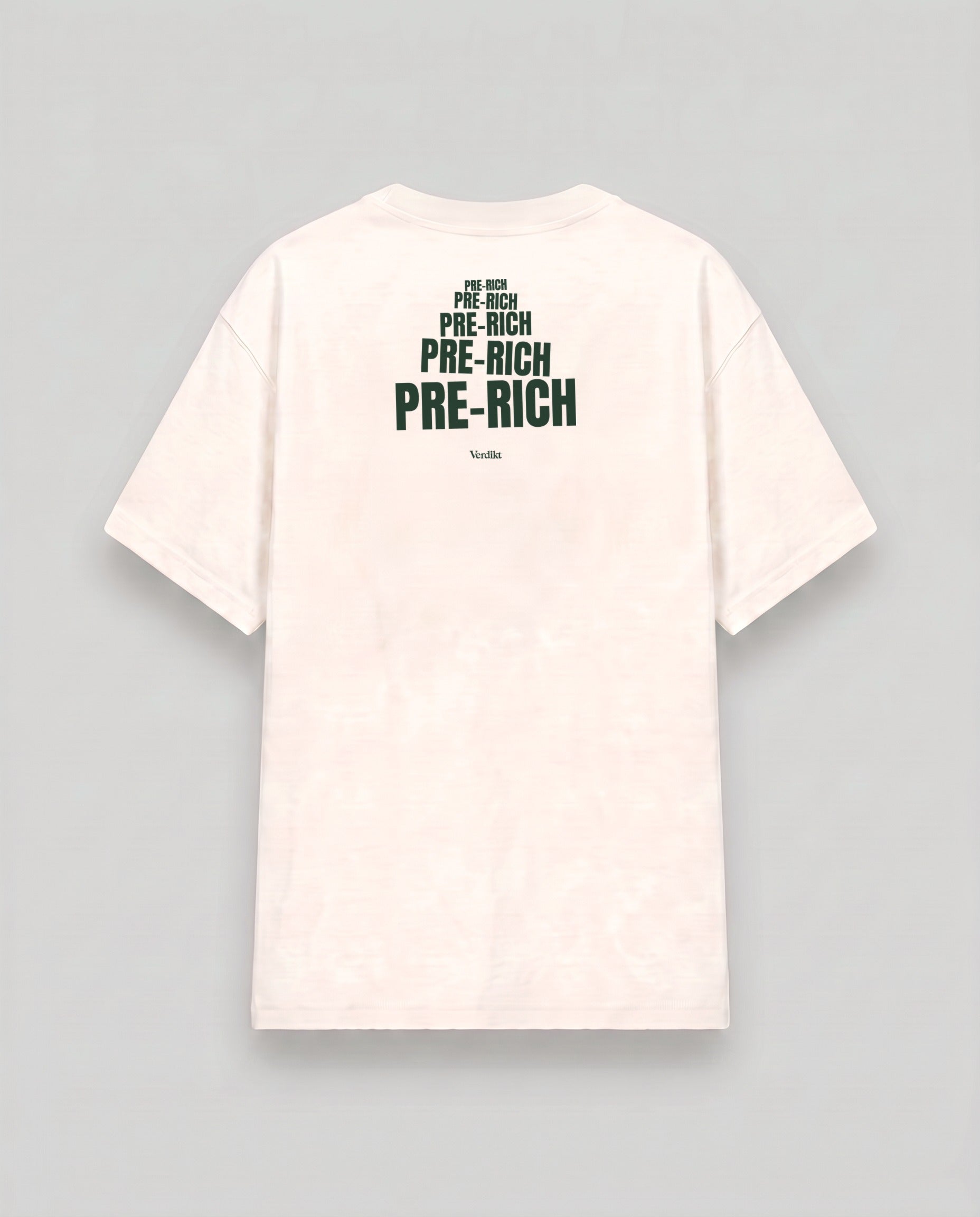 PRE-RICH repeat green print - cream tee, back (grey studio)