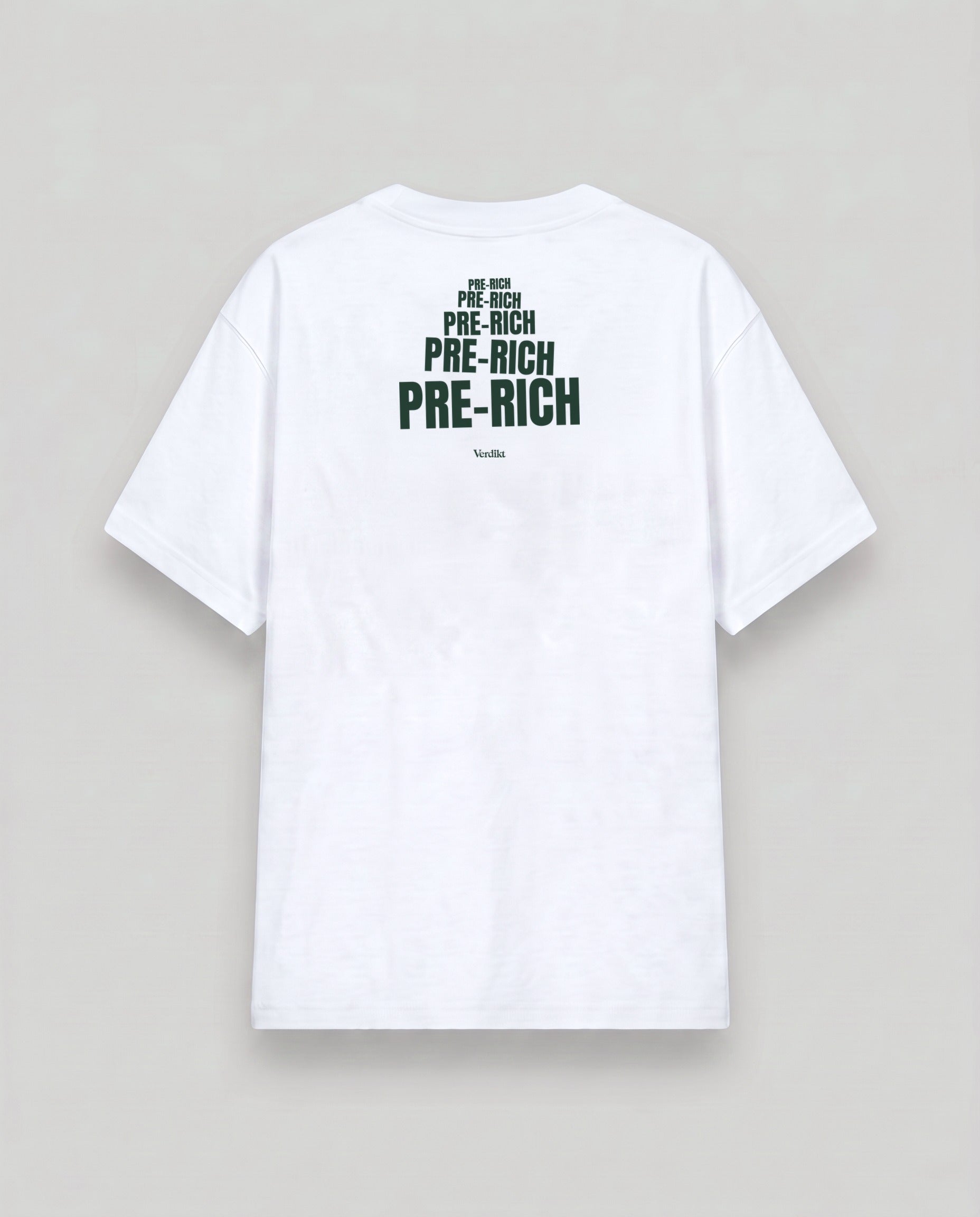 PRE-RICH repeat green print - cloud white tee, back (grey studio)