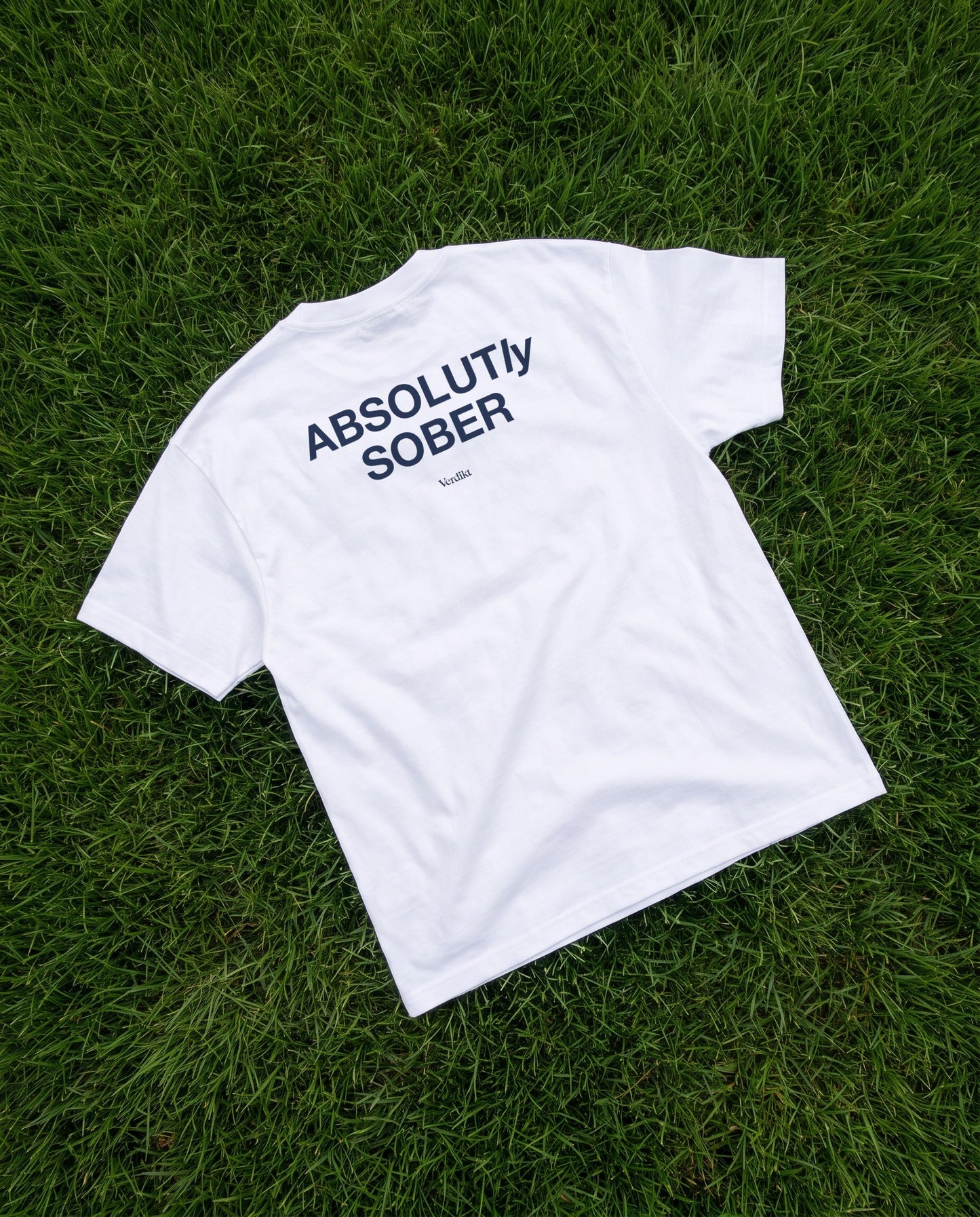 ABSOLUTLY SOBER navy print - tee laid on grass