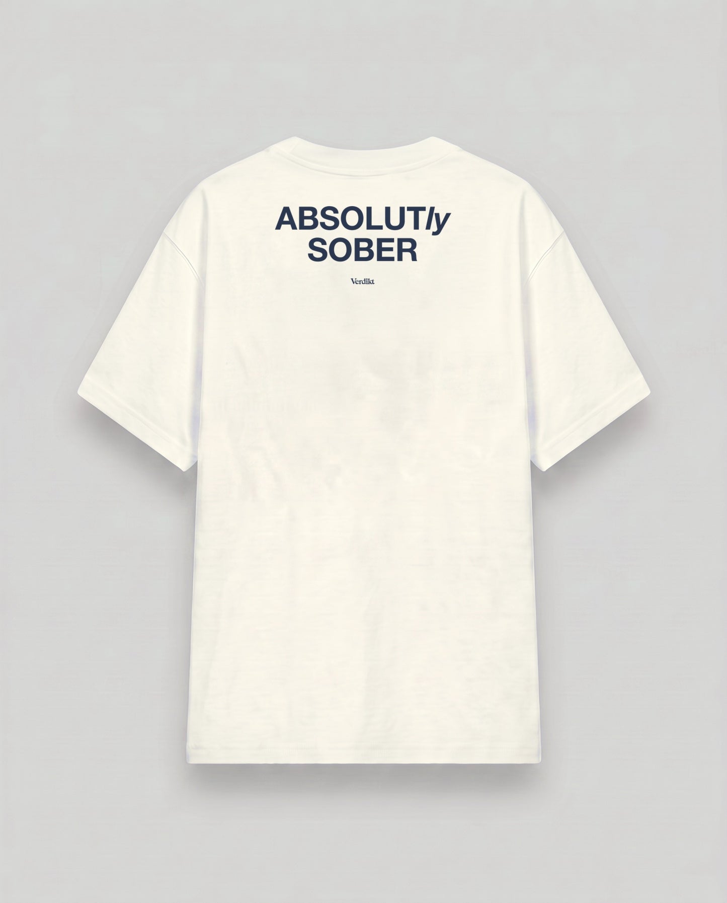ABSOLUTLY SOBER navy print - cream tee, back (grey studio)