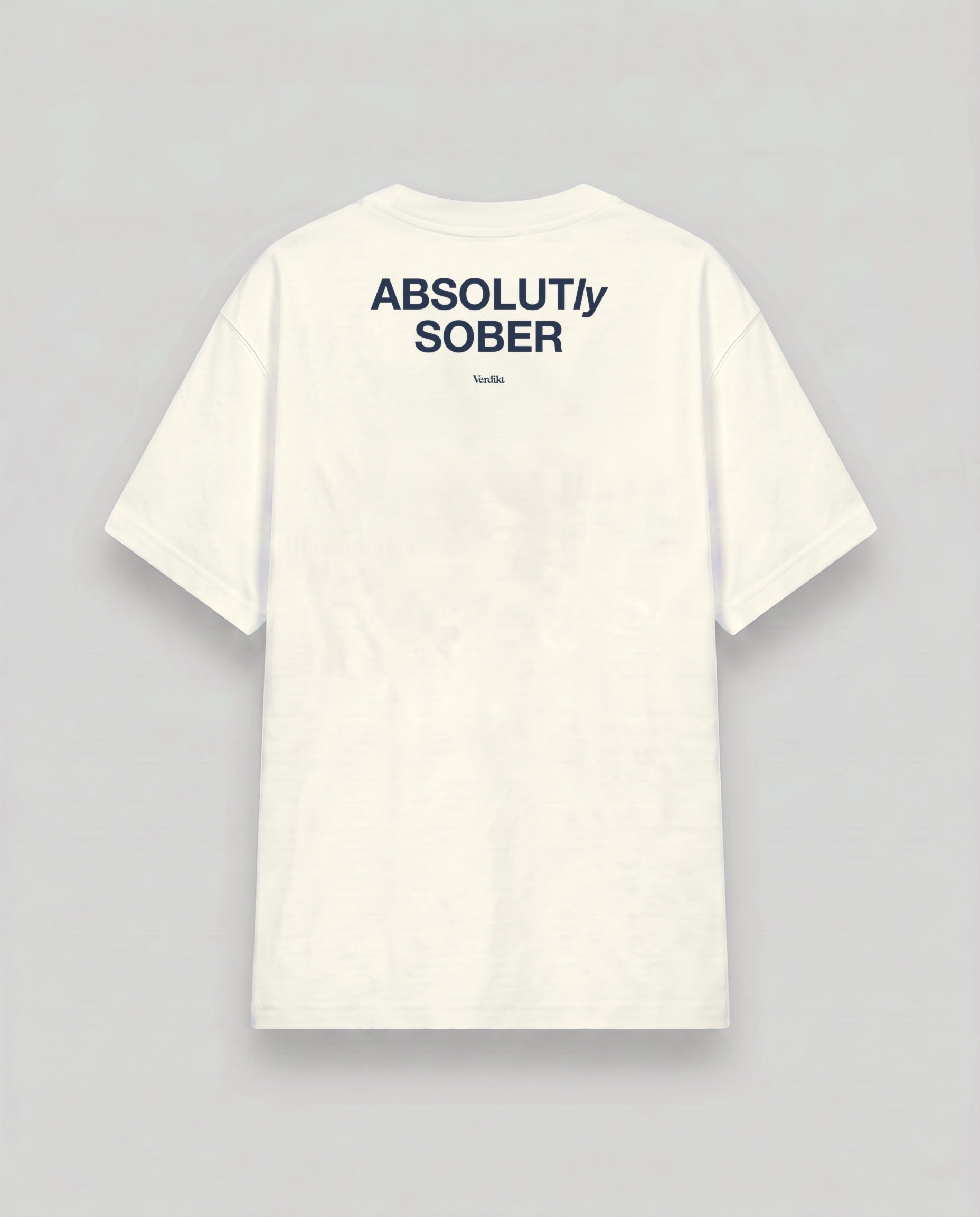 ABSOLUTLY SOBER navy print - cream tee, back (grey studio)