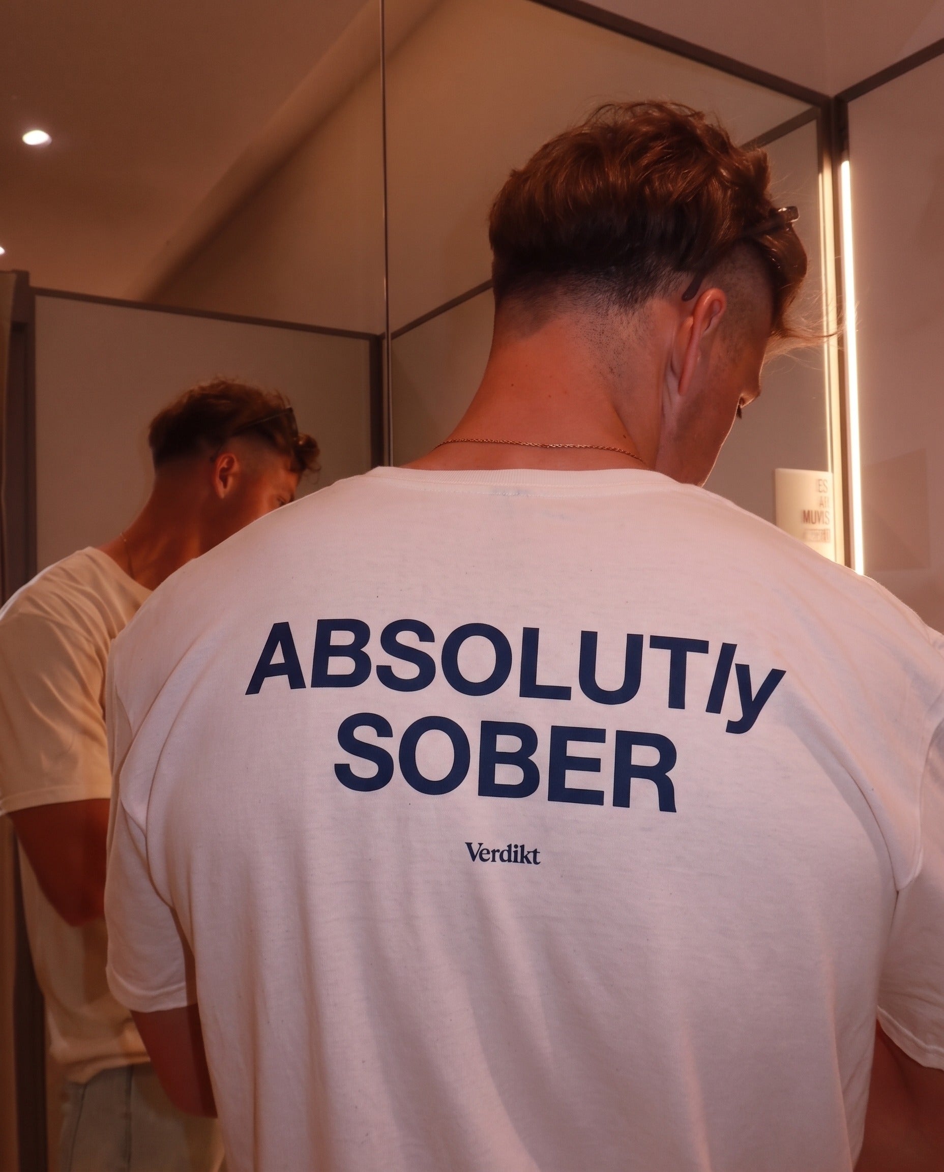 ABSOLUTLY SOBER navy print - worn, fitting room mirror