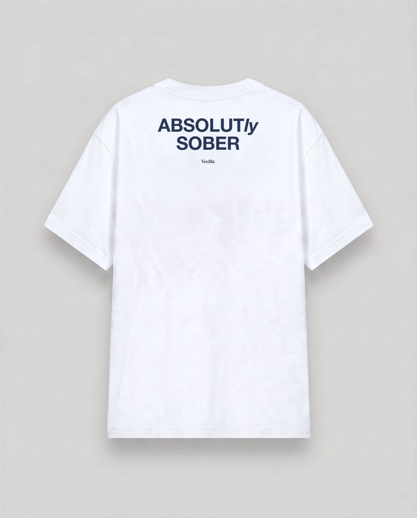 ABSOLUTLY SOBER navy print - cloud white tee, back (grey studio)