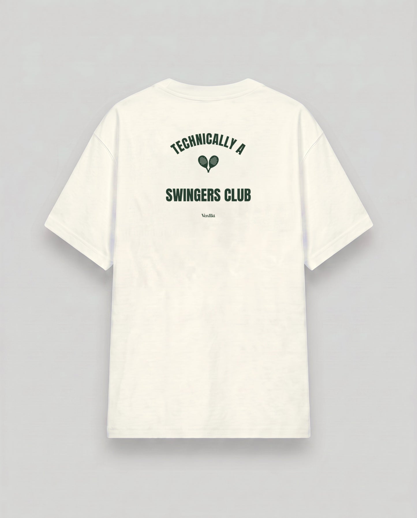 TECHNICALLY A SWINGERS CLUB print - cream tee, back (grey studio)