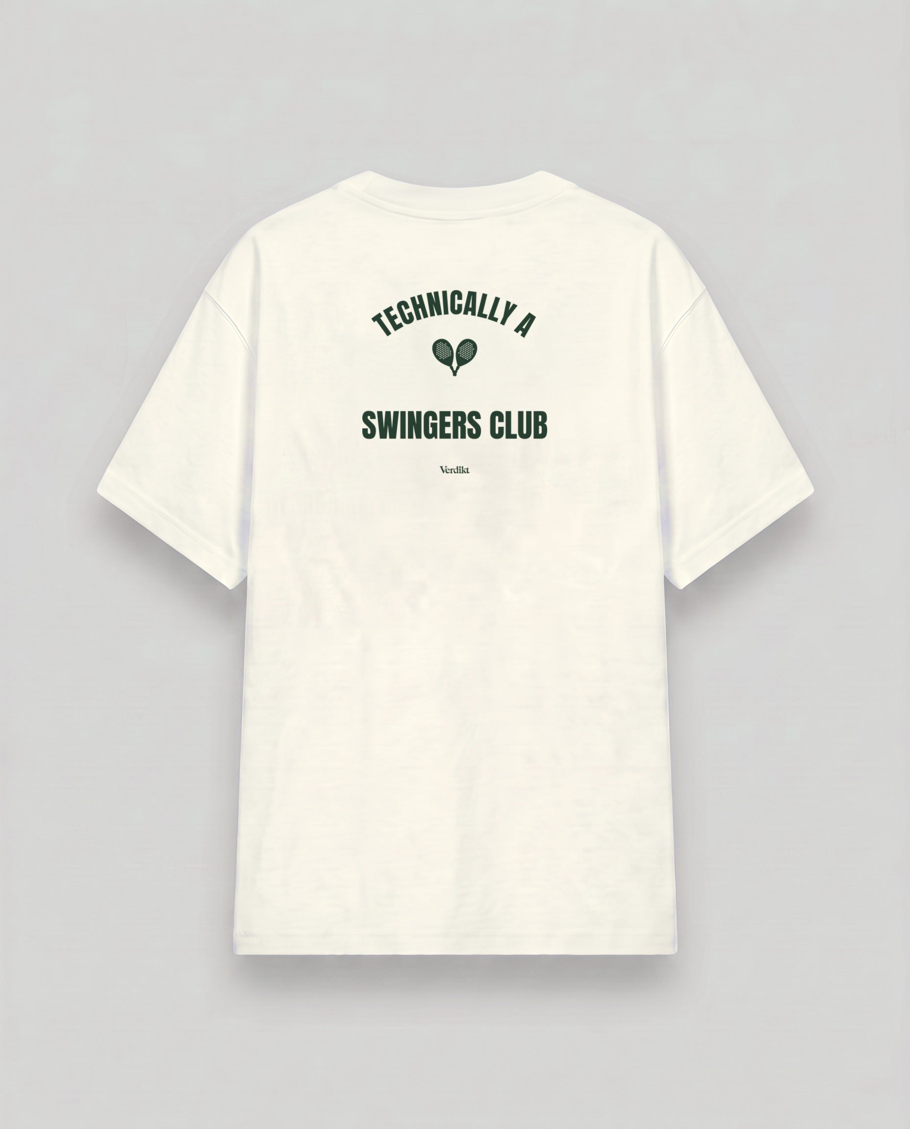 TECHNICALLY A SWINGERS CLUB print - cream tee, back (grey studio)