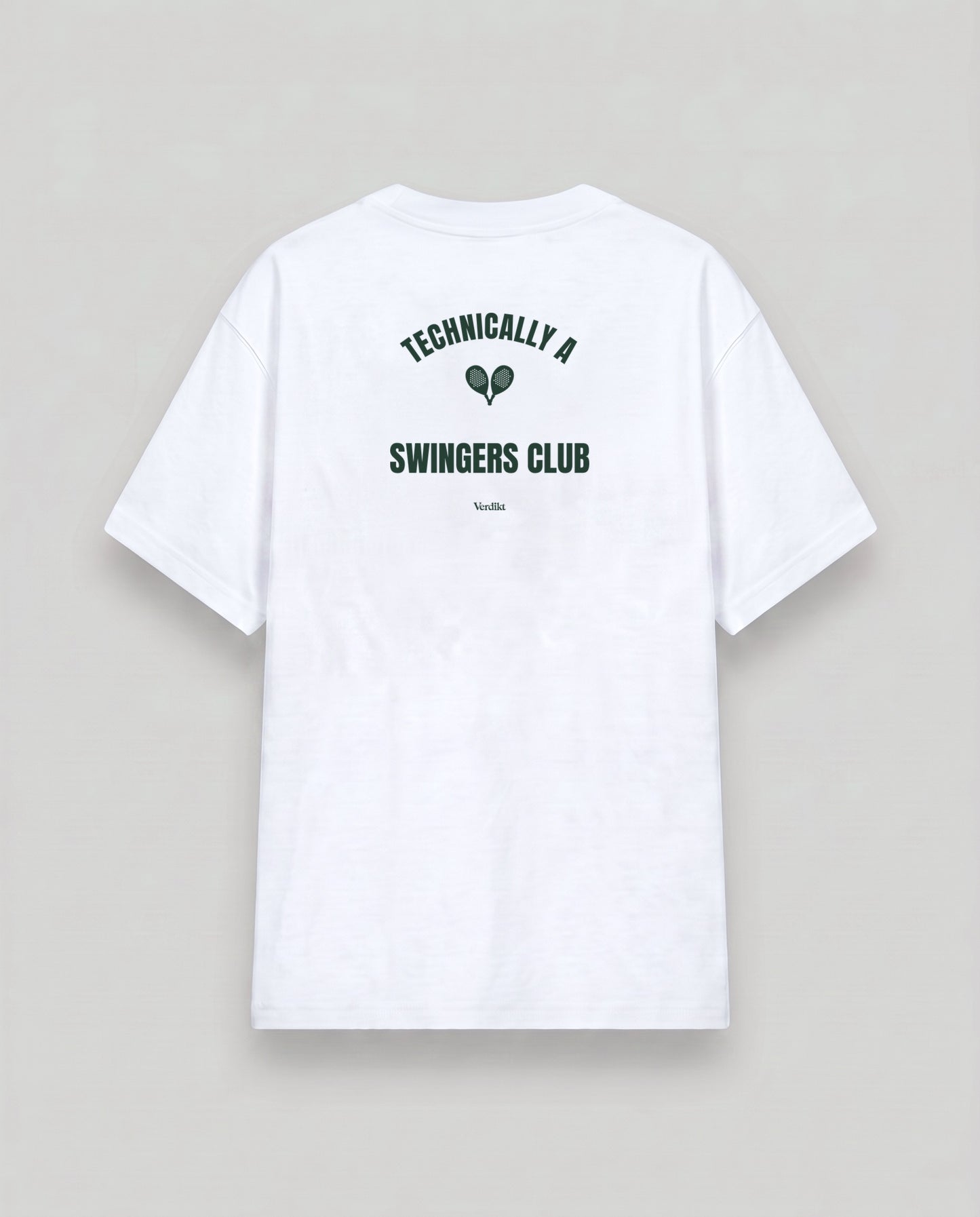 TECHNICALLY A SWINGERS CLUB print - cloud white tee, back (grey studio)